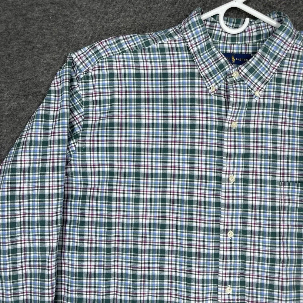 Polo Ralph Lauren Oxford Shirt Mens 3XLT Green Blue Plaid Flesh pony Long Sleeve